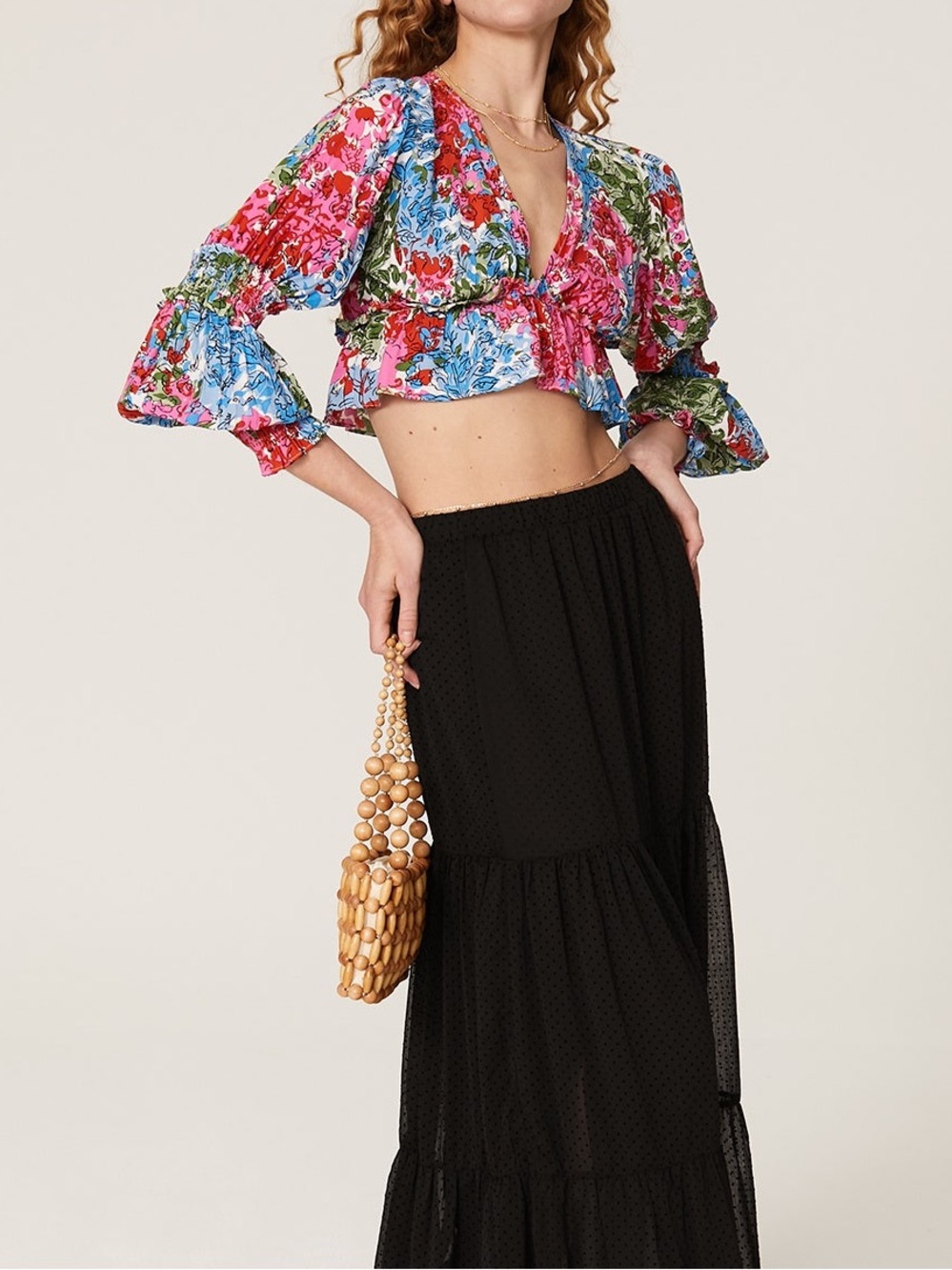 SWF Floral Ruffle Crop Top Boho Festival Long Sleeve Blouse Size Small